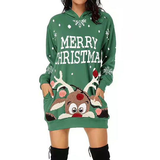 New  Women Casual Christmas Printed Long Sleeve Pocket Hooded Sweater Loose Dress Plus Size