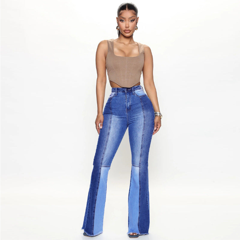 Jeans Women Stretch High Waist Dual Color Patchwork Trousers