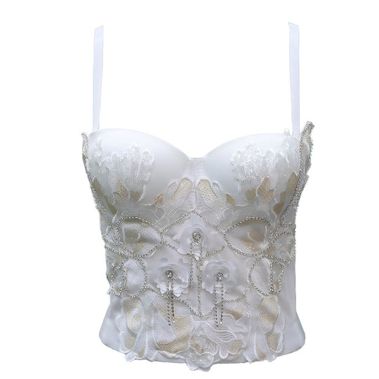 Drill Chain French Corset Top Wrapped Chest Slimming Tight Corset Beaded Three Dimensional Floral White Straps Tube Top Vest