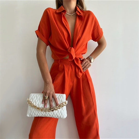 Wide Leg Pants Suit Spring Summer Loose Sleeve Shirt Top Casual Trousers Two Piece Women Clothing