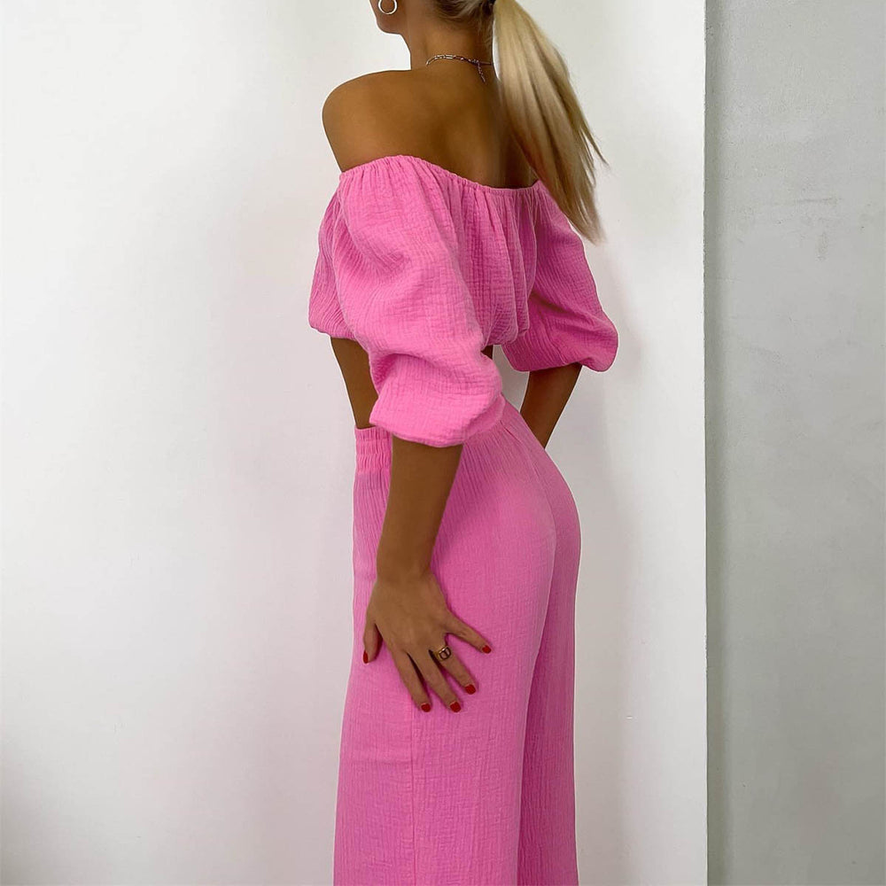 Two Piece Women  Summer Pure Cotton Champray Solid Color off Neck Short Sleeved Top High Waist Wide Leg Pants Casual Suit