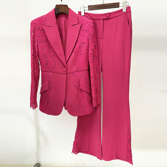 Stars Lace Slim Fit Patchwork One Button Suit Flared Pants Suit Two Piece Set