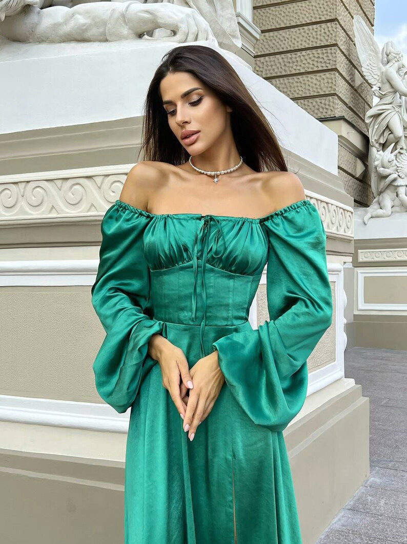 Women Clothing Dress Sexy Long Sleeved Satin off Shoulder Lace up Dress