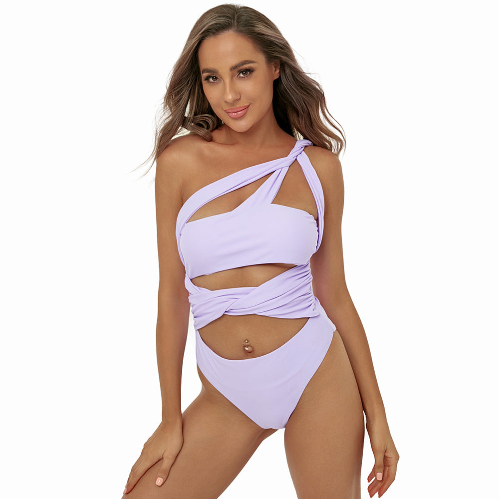 Swimsuit Solid Color Sexy One Piece Bikini Swimsuit One Shoulder Hollow Out Cutout Backless Swimsuit Women