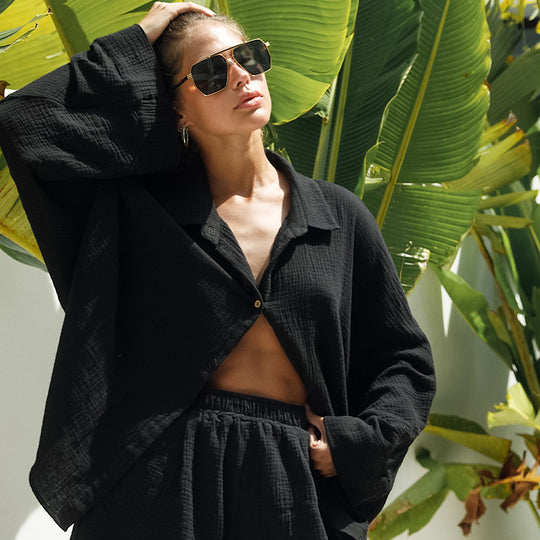 Summer Black Cardigan Loose Casual Pajamas Two Piece Set Long Sleeve Shorts Outer Wear Ladies Homewear