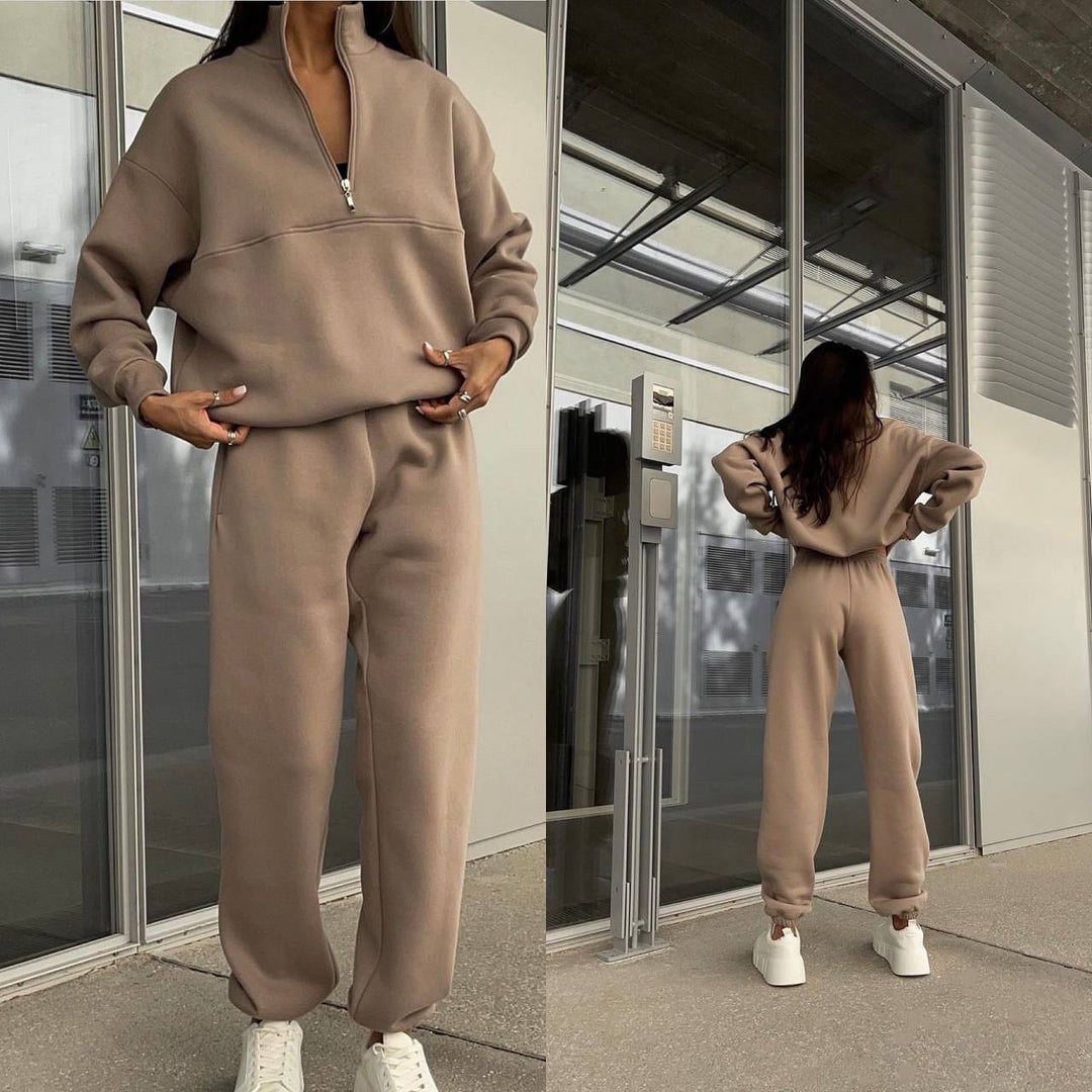 Women Long Sleeved Zipped Stand Collar Sweater Suit Autumn Winter Comfort Loose Sports Casual Sweater Two Piece Set