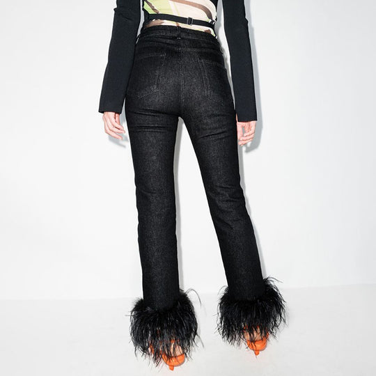 Ostrich Feather Stitching Straight Leg Pants Spring High Waist Western All-Matching Slimming Casual Jeans