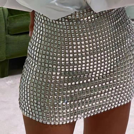 Spring Sexy Women Wear Solid Color Slim Mesh Sequined Hip Bag Skirt Women
