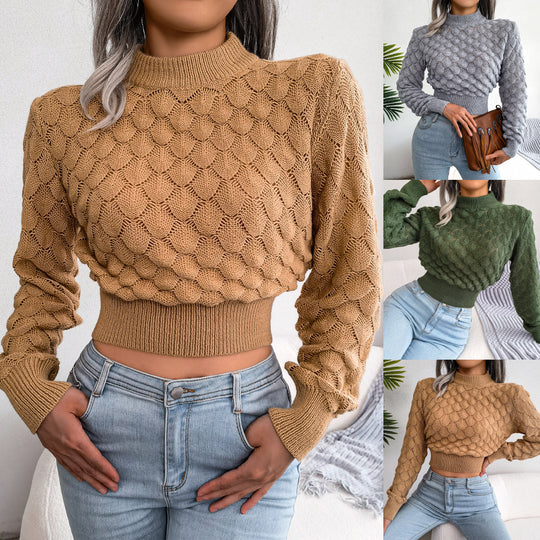 Autumn Winter Three-Dimensional Diamond Hollow Out Cutout Long Sleeves Cropped Knitted Sweater Women Clothing