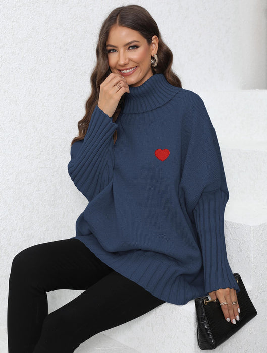 Lady Pullover Tops Women Clothing Knitted Solid Color Turtleneck Collared Loose Woven Love Stickers Sweater