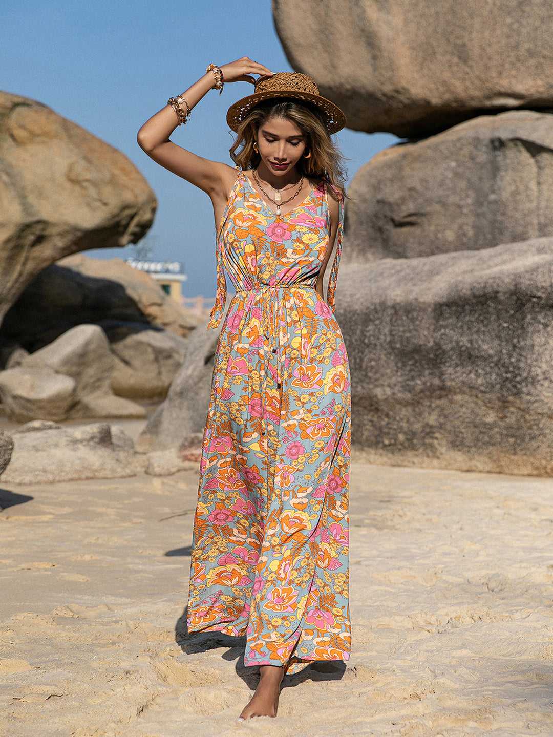 Mixed Bohemian Spaghetti-Strap Floral Print Jumpsuit Backless Jumpsuit