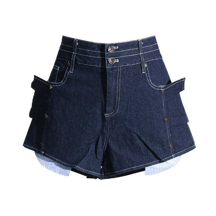 Summer High Waist Slimming Dark Blue Rivet Ruffled Contrast Color Denim Shorts Pants