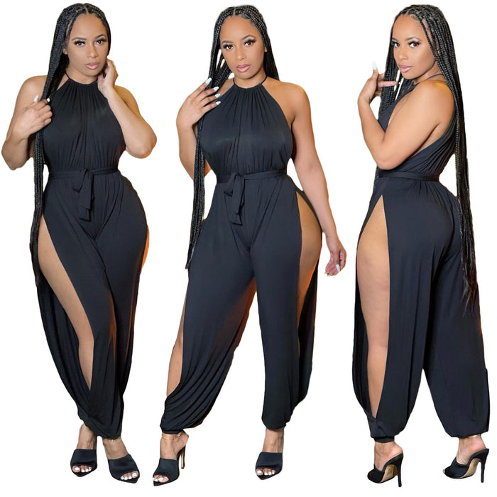 New Spring Summer Solid Color Sexy Suspenders Split Jumpsuit (Including Waist Lace-up)