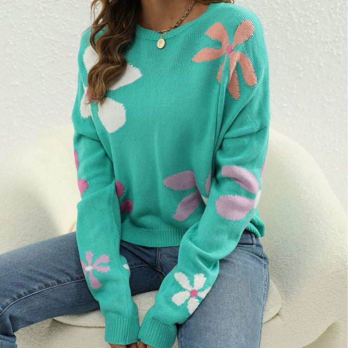 Women Jacquard Contrast Color Floral Sweater O neck Short All Match Casual Pullover Sweater