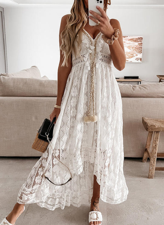 Summer Lace Sling Large Swing Solid Color Long Maxi Dress