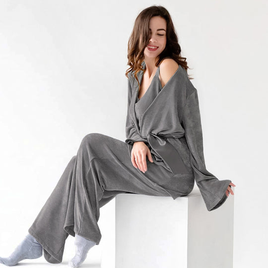 Corduroy Camisole Nightgown Trousers Three Piece Knitted Autumn Winter Pajamas Women  Warm Loungewear
