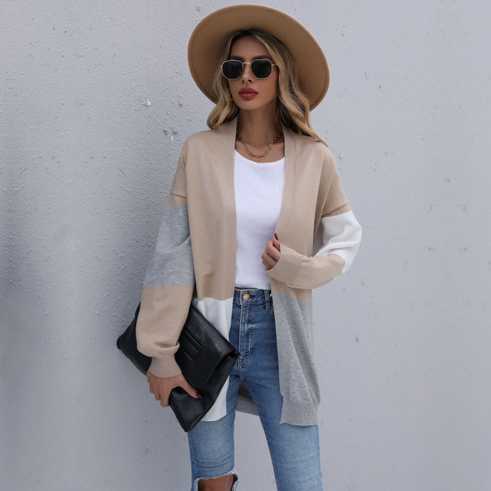 Women Clothing Autumn Winter Long Loose Color Stitching Knitted Cardigan Sweater Coat Women
