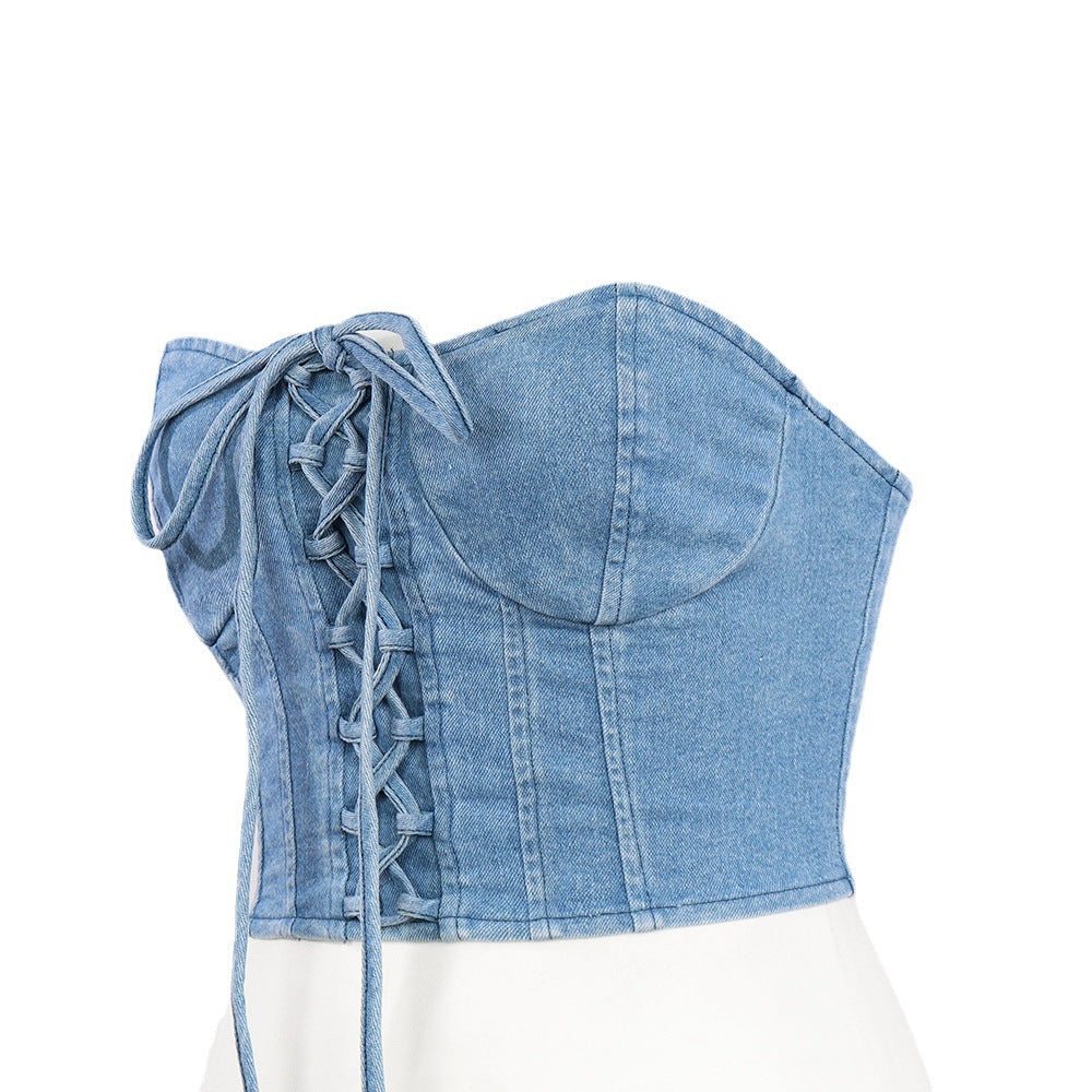 Sexy Crossover Lace up Denim Back Outer Wear Tube Top Women Casual Body Shaping Short Vest Zipper Wrapped Chest