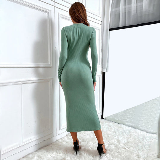 Women Clothing Autumn Winter Office Sexy Slit Slim Fit V-neck Long-Sleeve Dress Mid-Length Hip