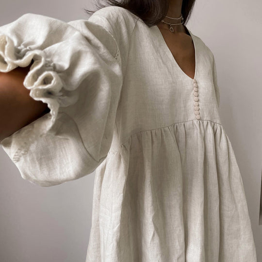 Women Clothing Summer Cotton Linen French Dress Office V neck Lantern Sleeve Loose Dress