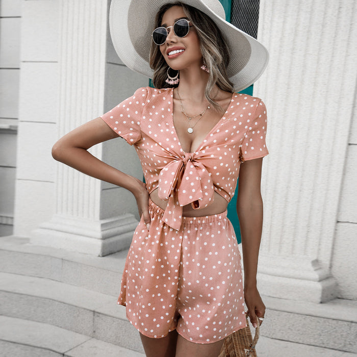 Summer Printed  Short Sleeve Lace up cropped Bohemian Bell Sleeve Romper