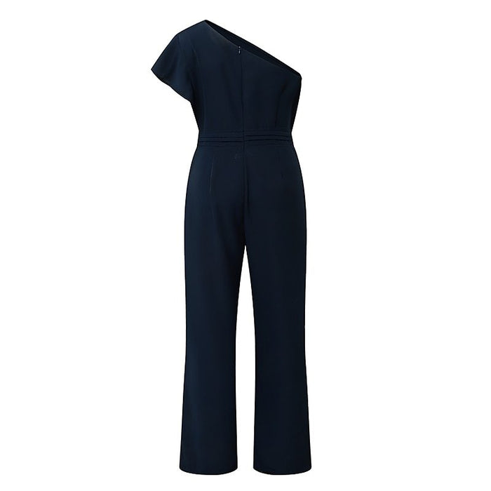 Women Clothing Summer Solid Color Diagonal Collar Strapless High Waist Jumpsuit