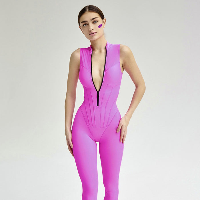 Women Clothing Summer Jumpsuit Sexy Tight Sleeveless Zipper Sports High Elastic Jumpsuit Trousers