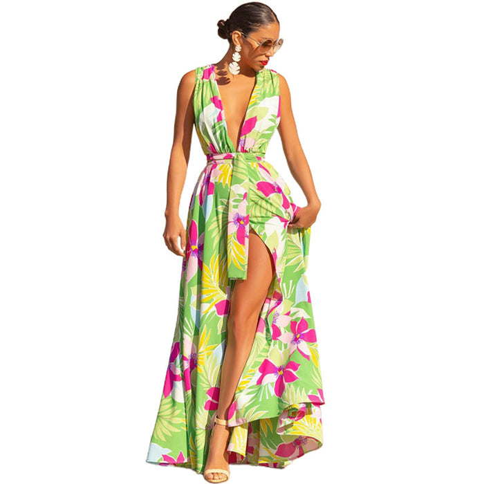 Women Summer V neck Printed Lace up Large Swing Dress