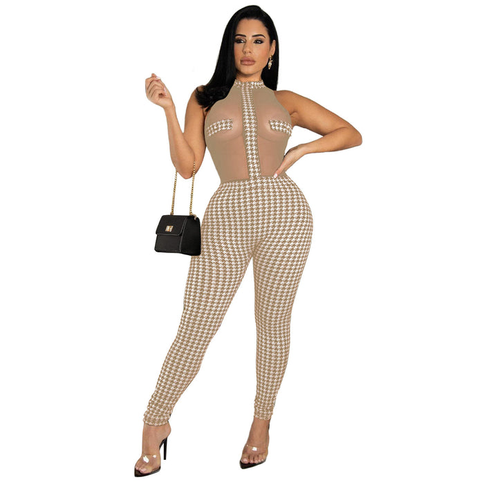Women Clothing  Summer Club Sleeveless Houndstooth Knitting Threads See-through Jumpsuit