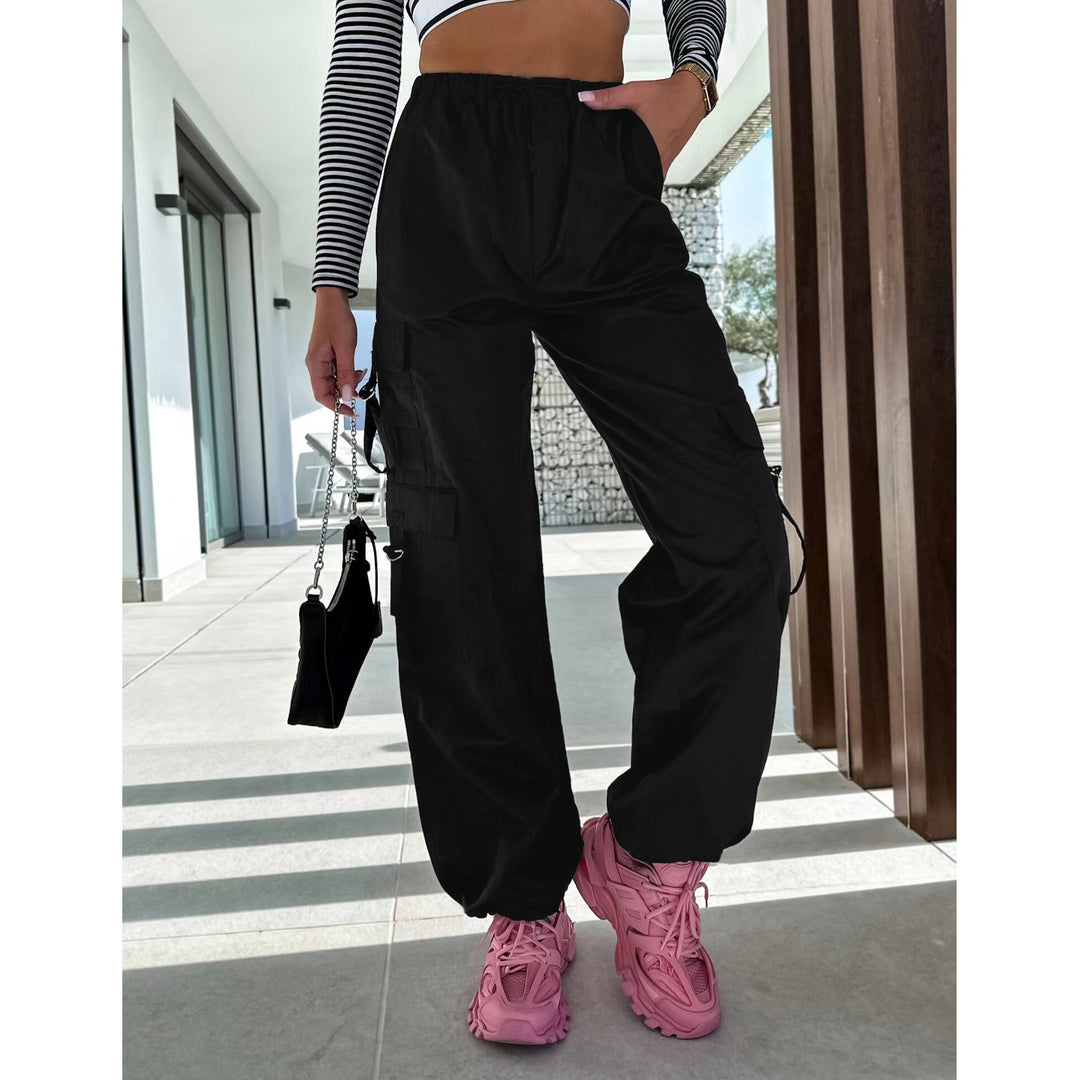 Women Pants Street Overalls Multi Pocket Lace up Trousers Metal Buckle Loose Straight Leg Ankle Banded Pants Trousers