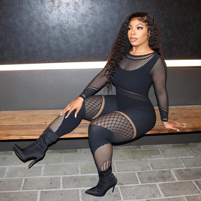 Women  Clothing Autumn Winter Fashionable See through Hollow Out Cutout Sexy Long Sleeve Mesh One Piece Trousers