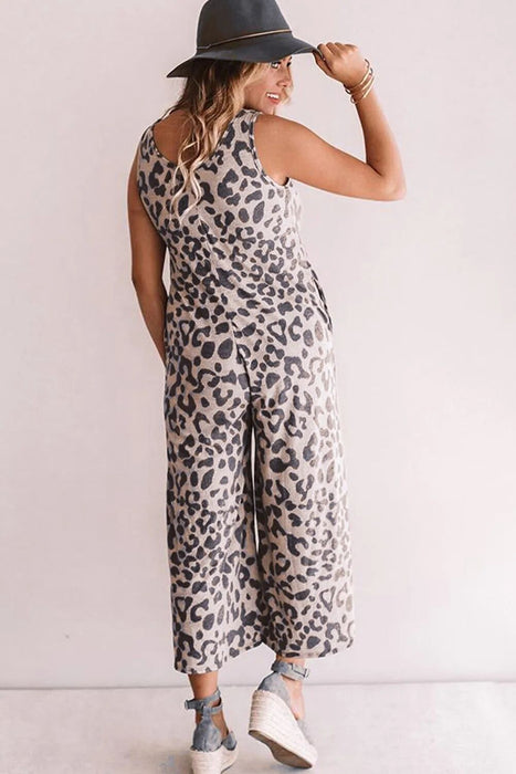 Summer Women Streetwear Leopard Print Sleeveless Loose Women Jumpsuit