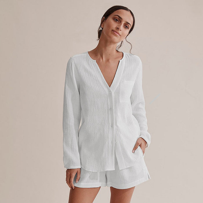 Autumn New White Long-Sleeved Air Conditioning Room Clothing Cotton Crepe Shorts Suit Pajamas Women Skin-Friendly Ladies Homewear