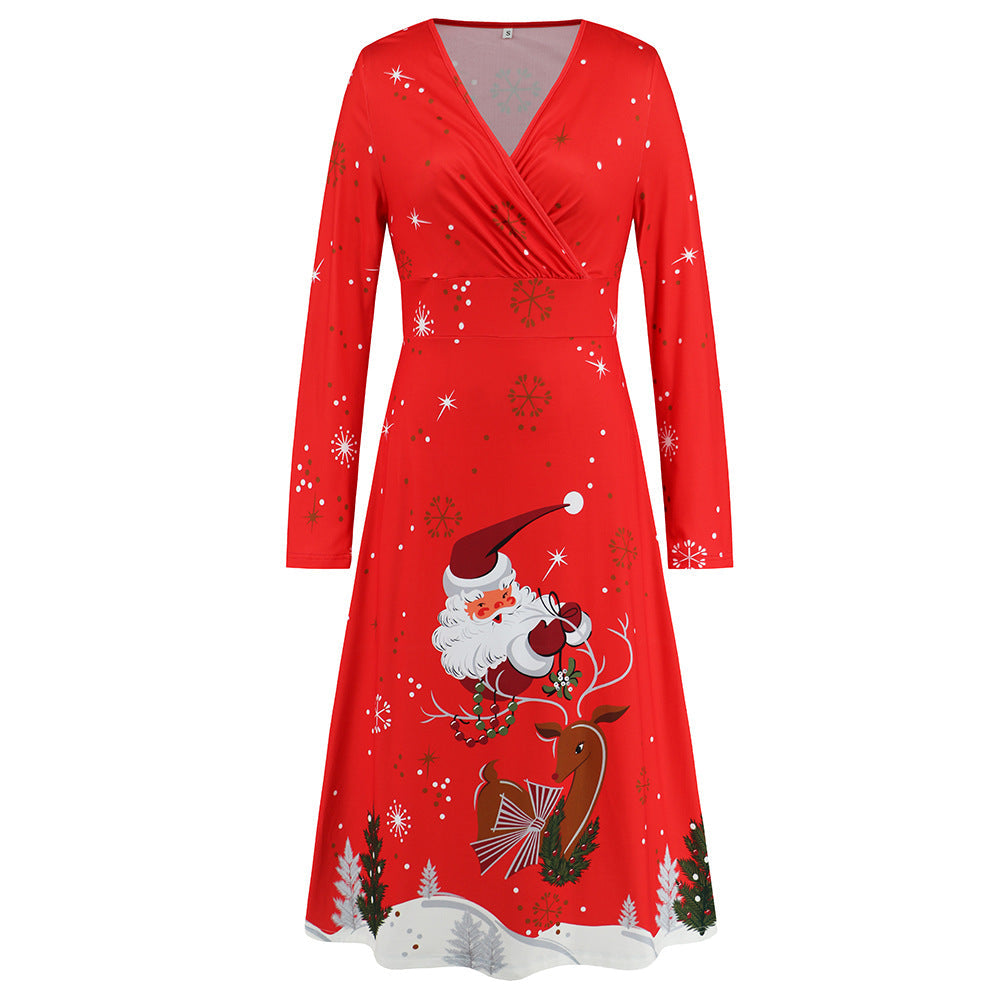Women V Neck Long Sleeved Christmas Printed Dress Sexy Christmas Dress Year Party Play Maxi Dress