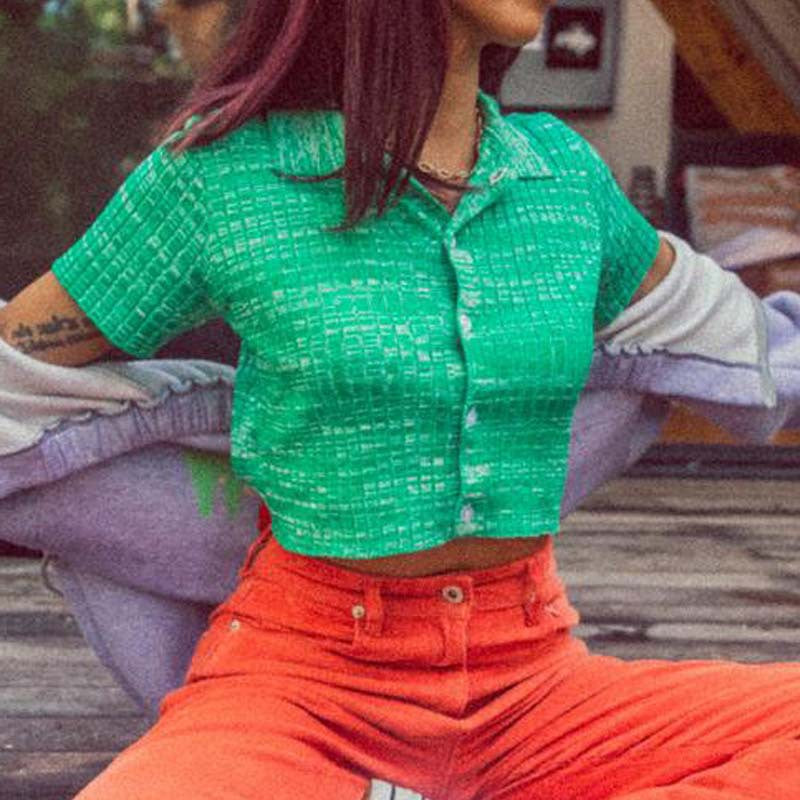 Women  Polo Shirt Green Collared Knitwear Sweater Small Cardigan Cropped Short Sleeve Short Sleeve