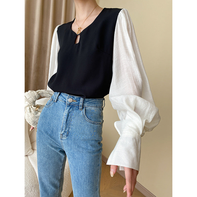 Sinan French Minority Early Autumn Advanced Sense Sheep Hooves Sleeve Slimming Contrast Color Stitching Shirt