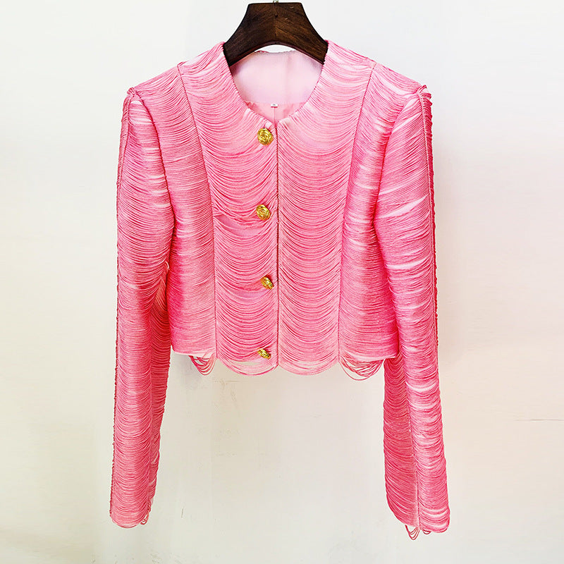 Stars Tassel Short Jacket Skirt Set Pink Black