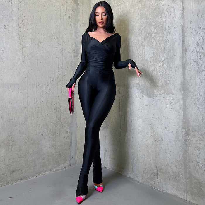 Women Clothing Autumn Winter Solid Color Criss Cross V neck Finger Fit Design Long Sleeved Trousers Casual Suit