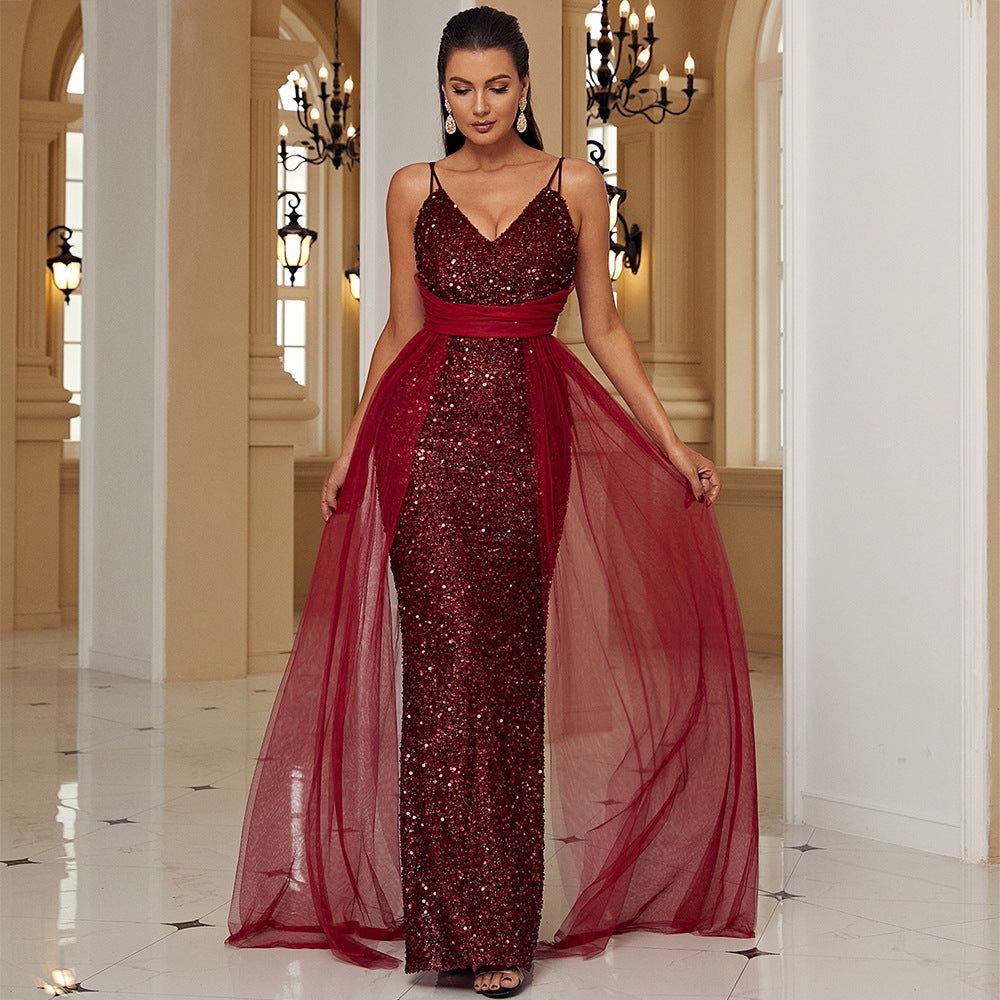 Sleeveless Elegant Sexy Long Sequined Lace V neck Backless Cocktail Evening Bridesmaid Dress Women Maxi