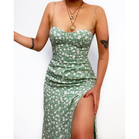 Spring Summer Floral Print Slim Fit Sexy Lacing Dress