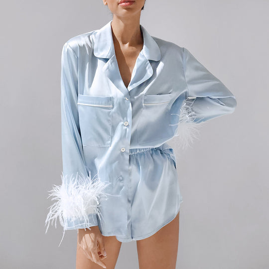 Fall Christmas Artificial Silk Blue Feather Detachable Long Sleeve Shorts Pajamas Women French Homewear