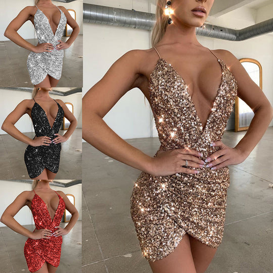 Women Clothing Sequined Sexy Dress V neck Tight Cami Dress