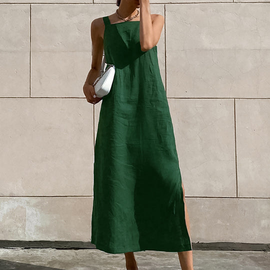French Maxi Dress Cotton Linen Sleeveless Dress Women Summer Sexy Green Slit Straight Cami Dress