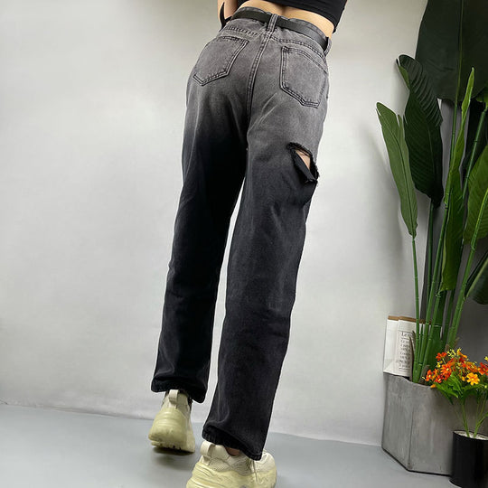 Street Hipster Gradient Color Stitching Ripped Jeans Straight Leg Pants Fashionable Wide Leg Pants