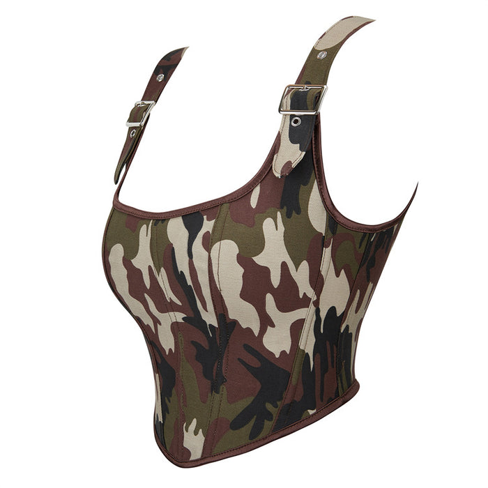 Camouflage Adjustable Shoulder Strap Women  Tube Top Push up Top