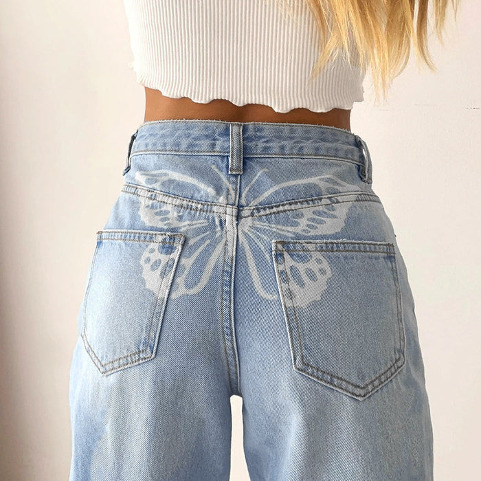 Denim High Waist Trendy Unique Butterfly Printed Jeans Women