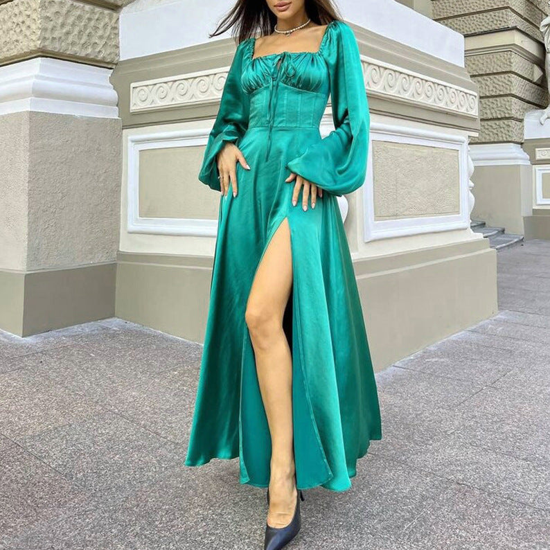 Women Clothing Dress Sexy Long Sleeved Satin off Shoulder Lace up Dress