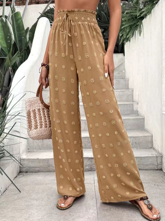Casual Micro Elastic Loose Smocking High Waist Jacquard Casual Pants Wide Leg Pants Trousers for Women