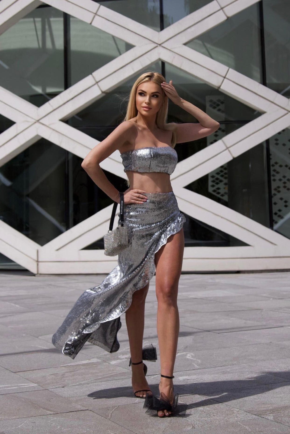 Summer Silver Sequin High Slit Lace Two Piece Set Women Clothing Casual Set