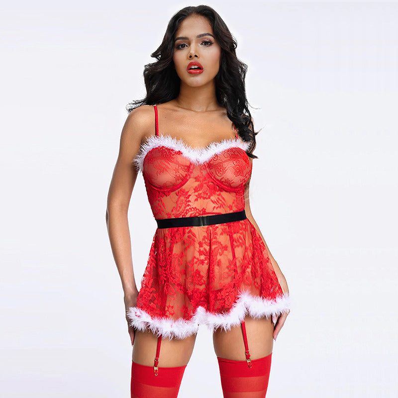Plus Size Sexy Nightdress Christmas Red Lace Garter Set Sexy Lingerie